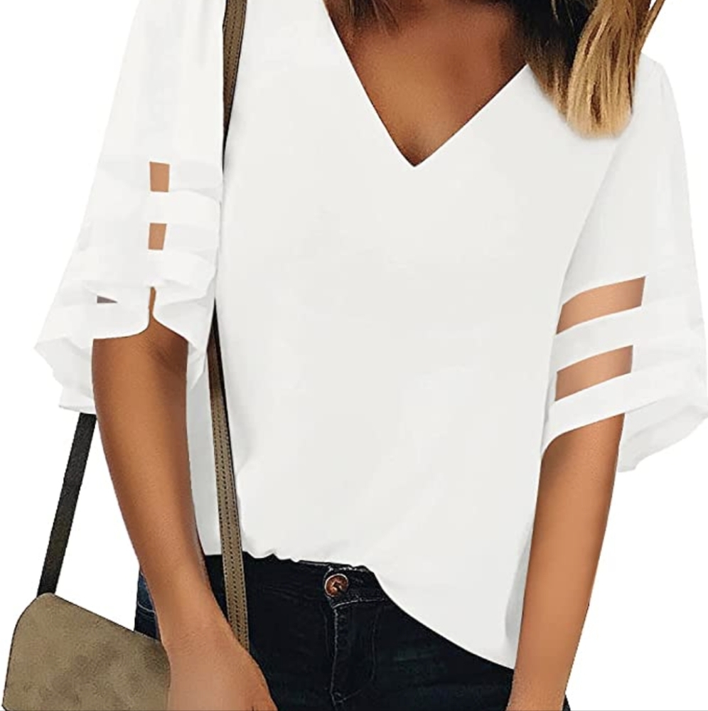 Blencot 3/4 Bell Sleeves V-Neck Blouse, White, Medium